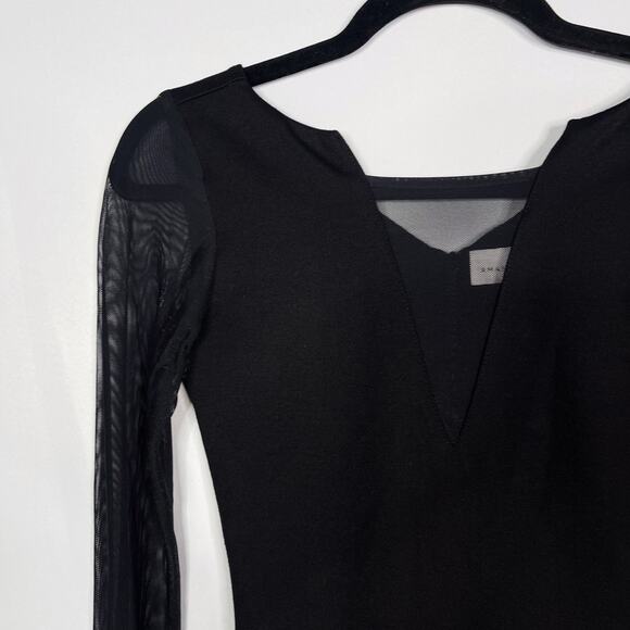 Amanda Uprichard Size P Black Mesh Peplum Long Sleeve Top Deep V Cut Out Stretch - Picture 7 of 14